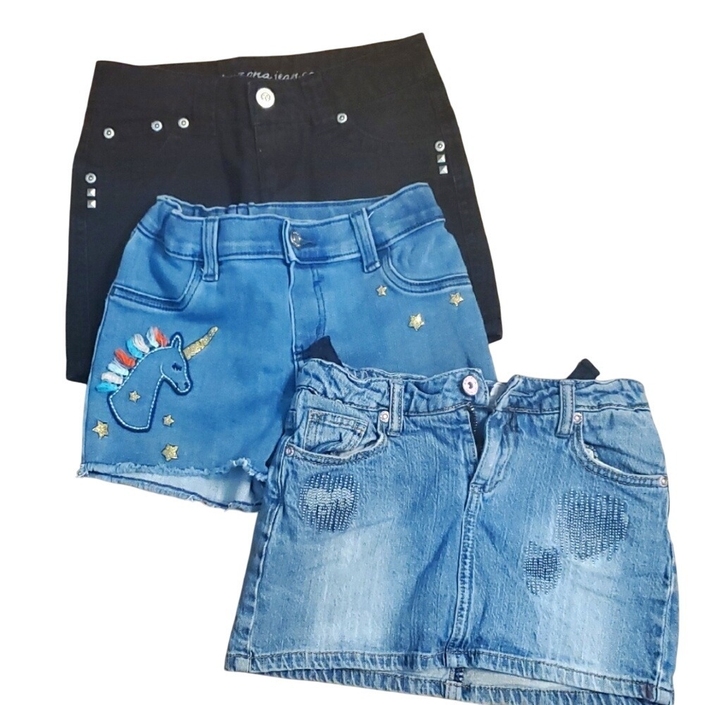 2 Pair Girls Size 8 Shorts And 1 Short Denim Skirt Black and Blue Set